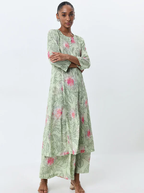 Zuba Light Green Leaf Printed A-Line Kurta