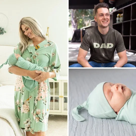 Gia Robe & Sage Green Newborn Swaddle Blanket Set & Dad T-Shirt