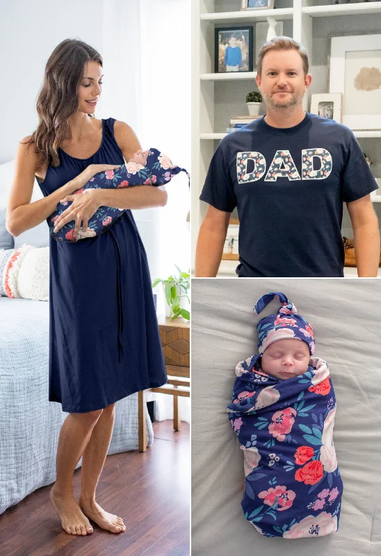 Navy Labor Gown & Annabelle Swaddle Set & Dad T-Shirt