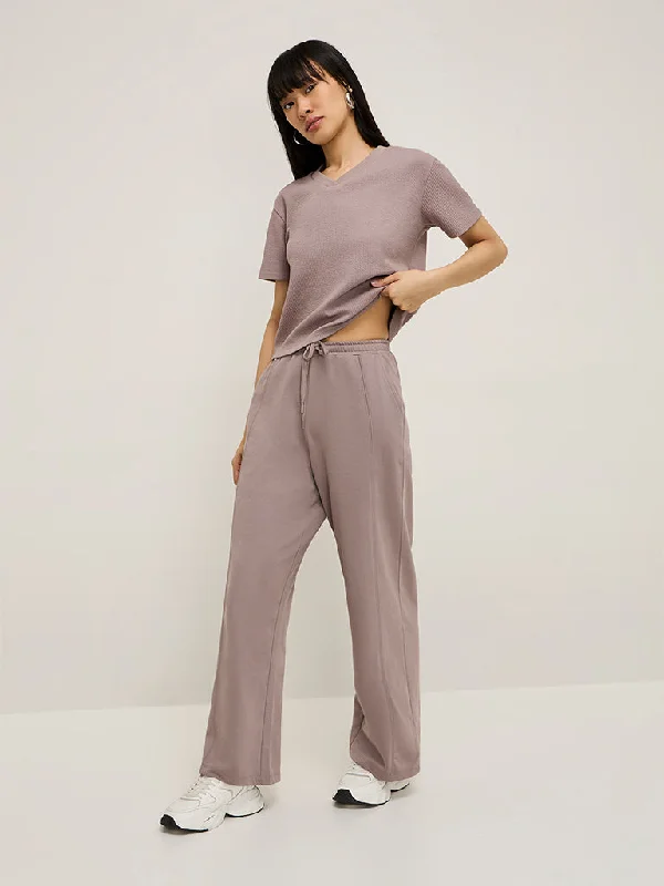 Studiofit Mauve Solid High-Rise Cotton Track Pants