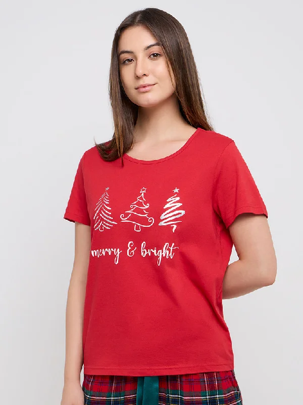 Wunderlove Red Text Printed Cotton Top