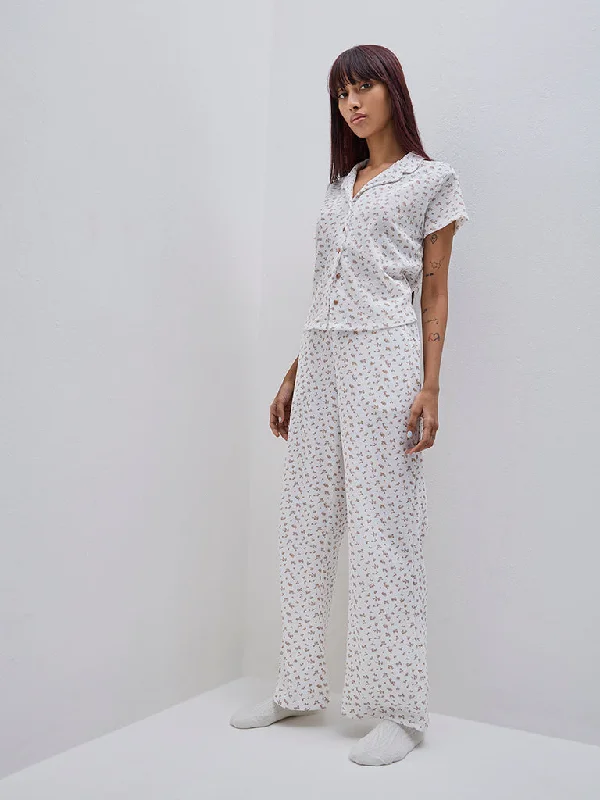 Superstar White Print Wide-Leg High-Rise Cotton Blend Pants