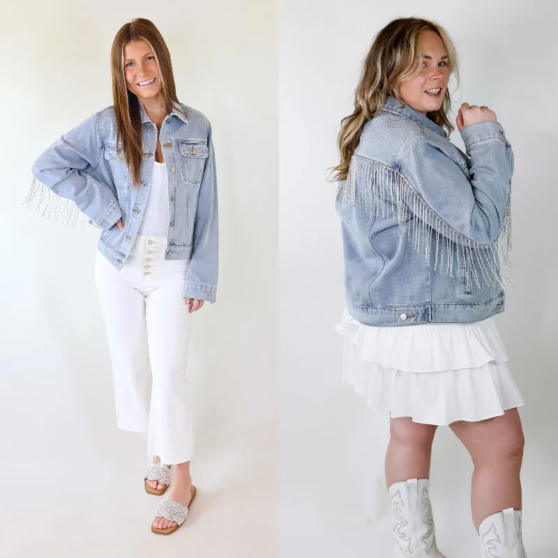 Like a Diamond Crystal Fringe Button Up Denim Jacket in Light Wash