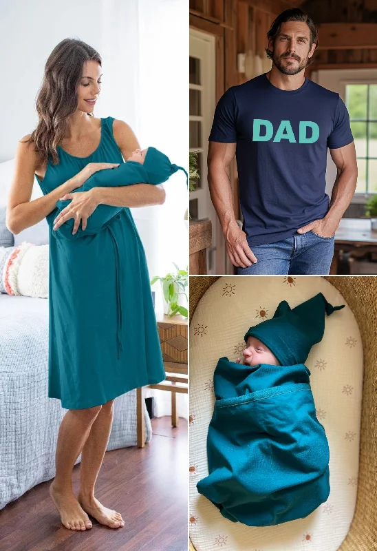 Teal Labor Gown & Swaddle Set & Dad T-Shirt