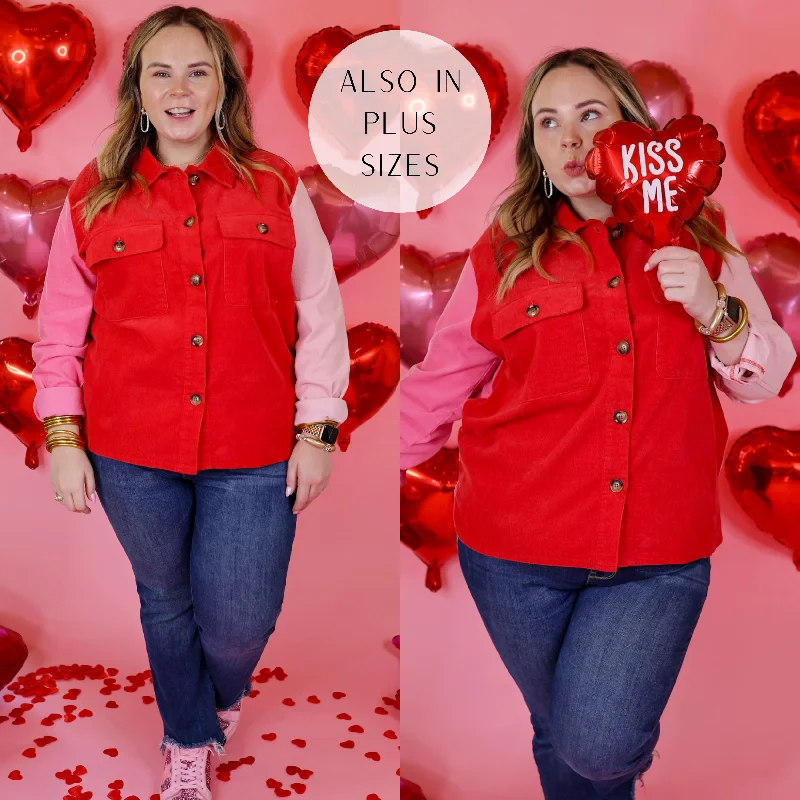 Kind Smiles Button Up Corduroy Color Block Shacket in Red and Pink