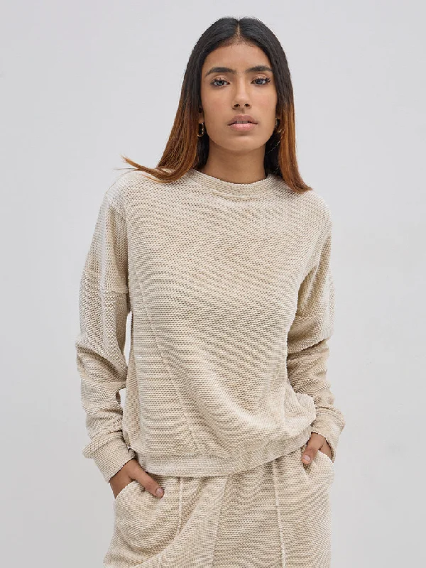 LOV Beige Self Patterned Velveteen Sweatshirt