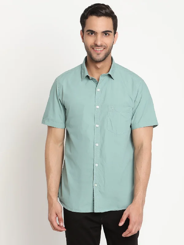 Men's Light Green Casual Plain Half Sleeve Shirt