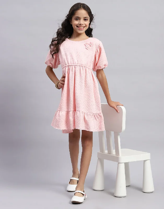 Girls Pink Self Design Round Neck Half Sleeve Dress