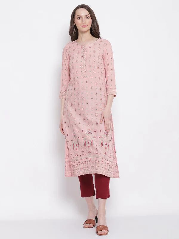 Women's Casual Round neck Pink All Over Printed with border Calf length Kurti