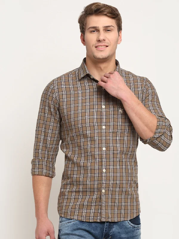 Men Cotton Checkered Brown Full Sleeve Casual Shirt for Men with Pocket