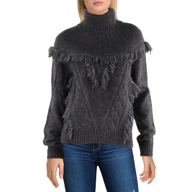 Womens Wool Blend Fringe Mock Turtleneck Sweater