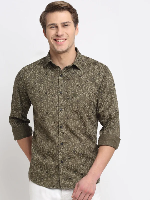 Men Cotton Printed Olive Full Sleeve Casual Shirt for Men with Pocket