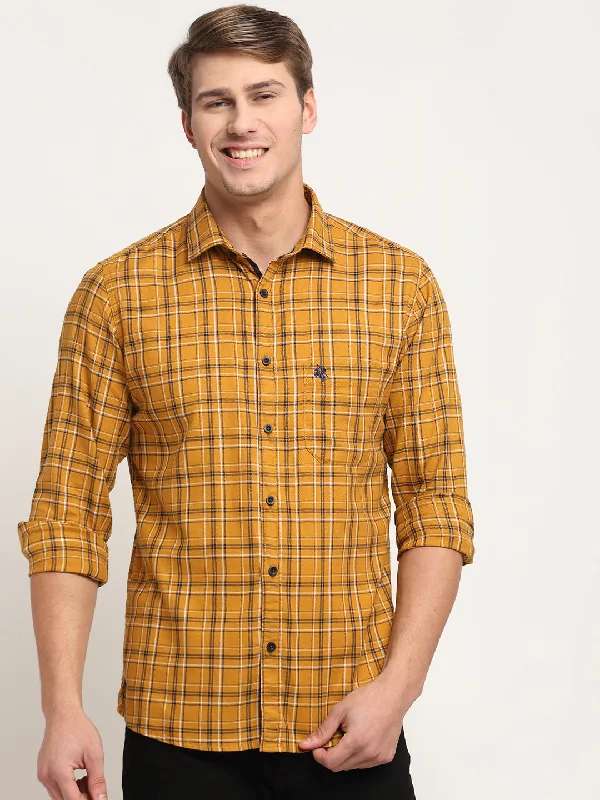 Cotton Checkered Mustard Full Sleeve Casual Shirt for Men with Pocket