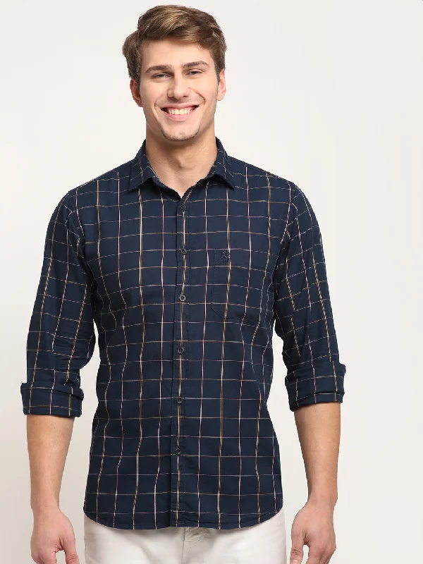 Men Cotton Checkered Navy Blue Full Sleeve Casual Shirt for Men with Pocket