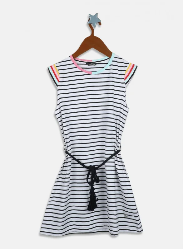 Girls White & Black Stripe Dress