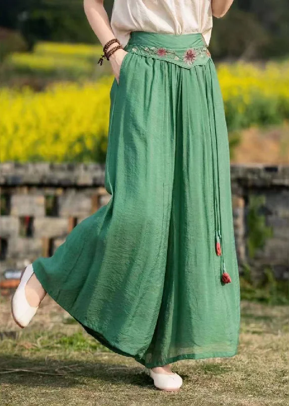 Boho Green Embroideried Pockets Tasseled Patchwork Silk Wide Leg Pants Summer