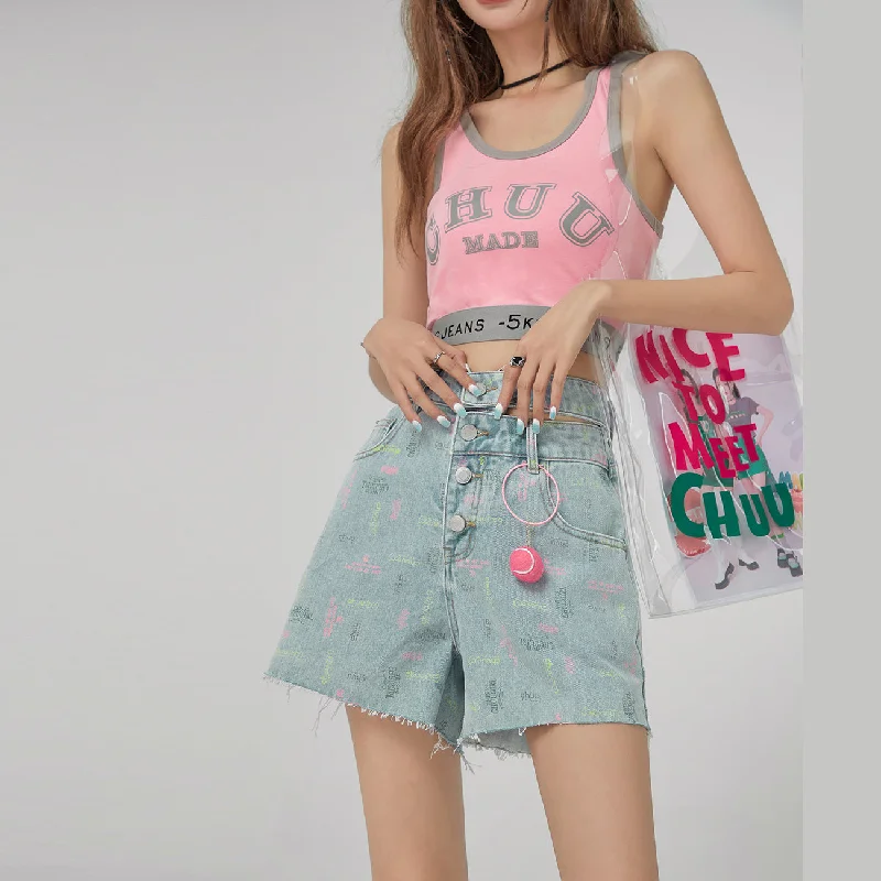 Front Buttons Cutout Denim Shorts