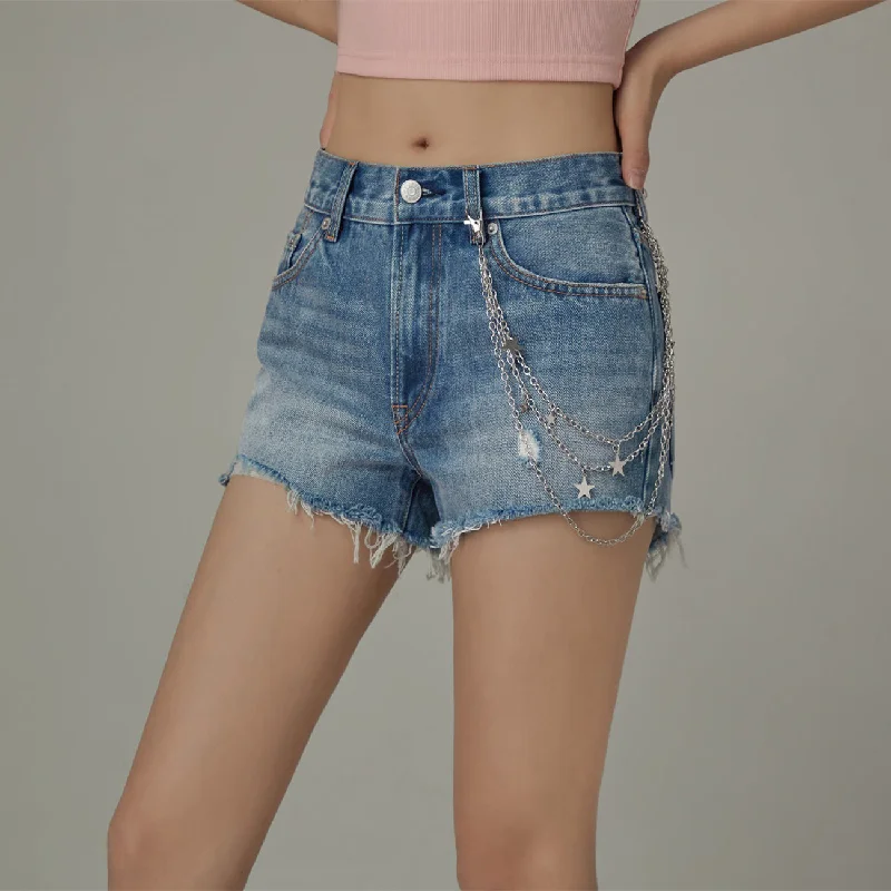 Distressed Raw Hem Charm Chain Denim Shorts