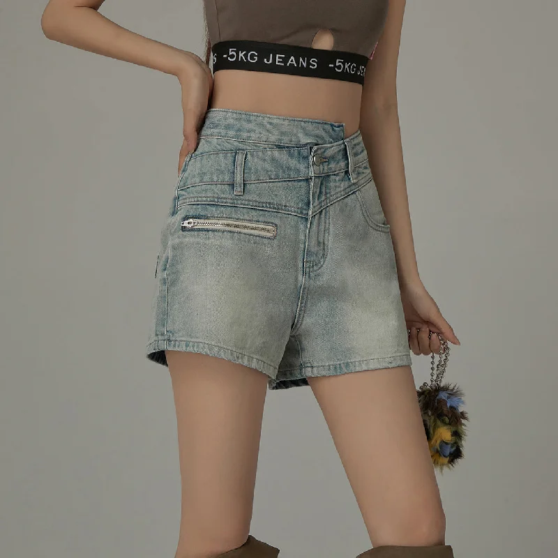 Asymmetrical Button Distressed Denim Shorts