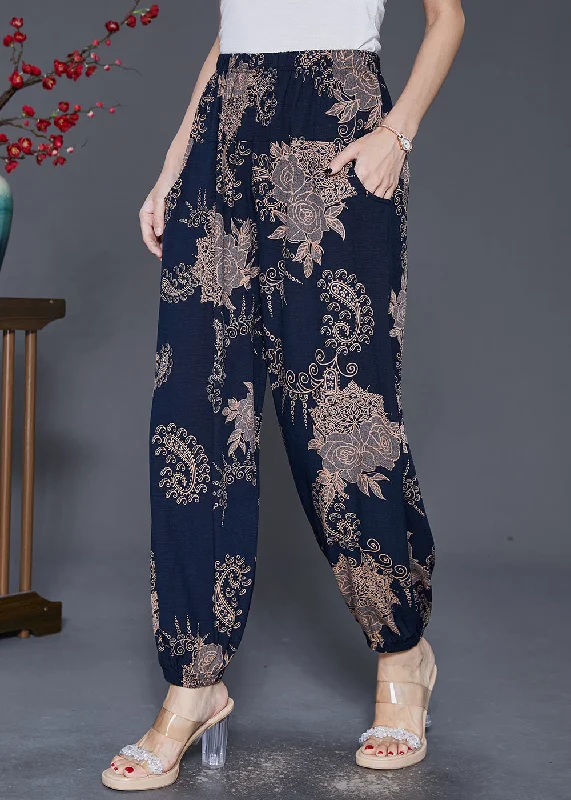 Women Navy Oversized Print Cotton Lantern Pants Fall