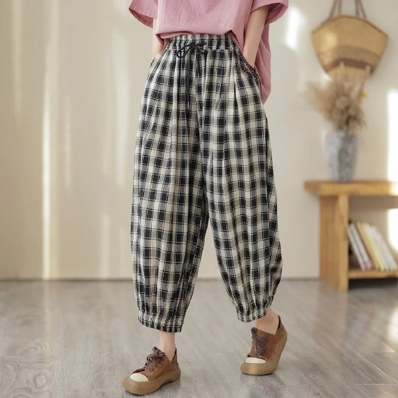 Women Spring Casual Loose Plaid Harem Pants